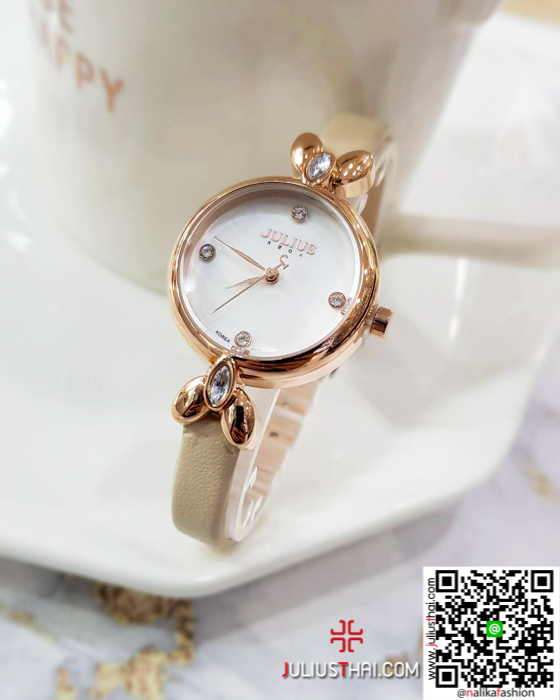 นาฬิกา Julius JA-975 สายหนัง สีครีม สวย ดูดี ส่งฟรี มีบริการเก็บเงินปลายทาง